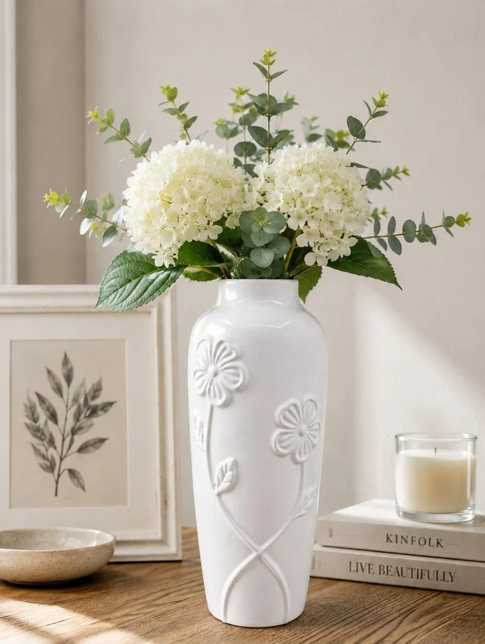 White Floral Embossed Ceramic Vase , NWOT